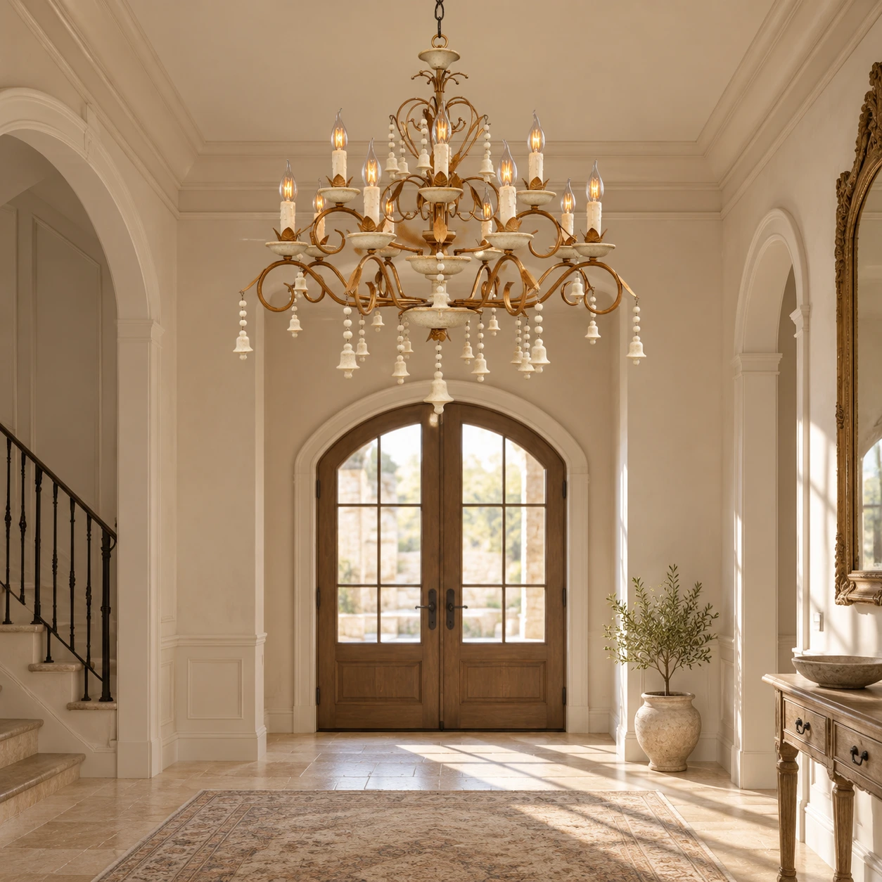 Lustre ancien en bois à 12 lumières dans une entrée à haut plafond
