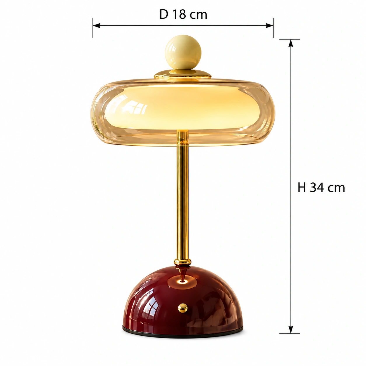 Maßangaben für die Avery-Tischleuchte: Durchmesser 18 cm, Höhe 34 cm