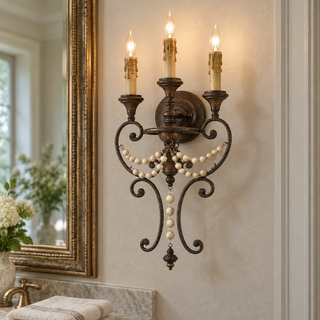 Antique three-light beaded wall sconce, residential installation scene