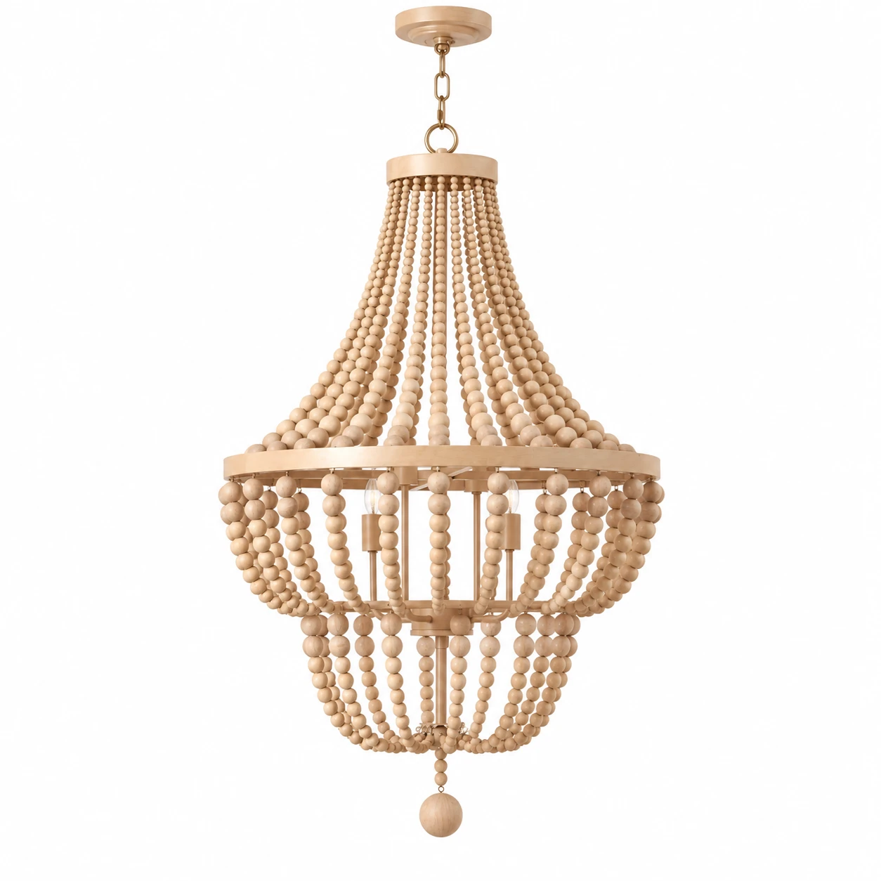 Large wood-bead chandelier on a white background