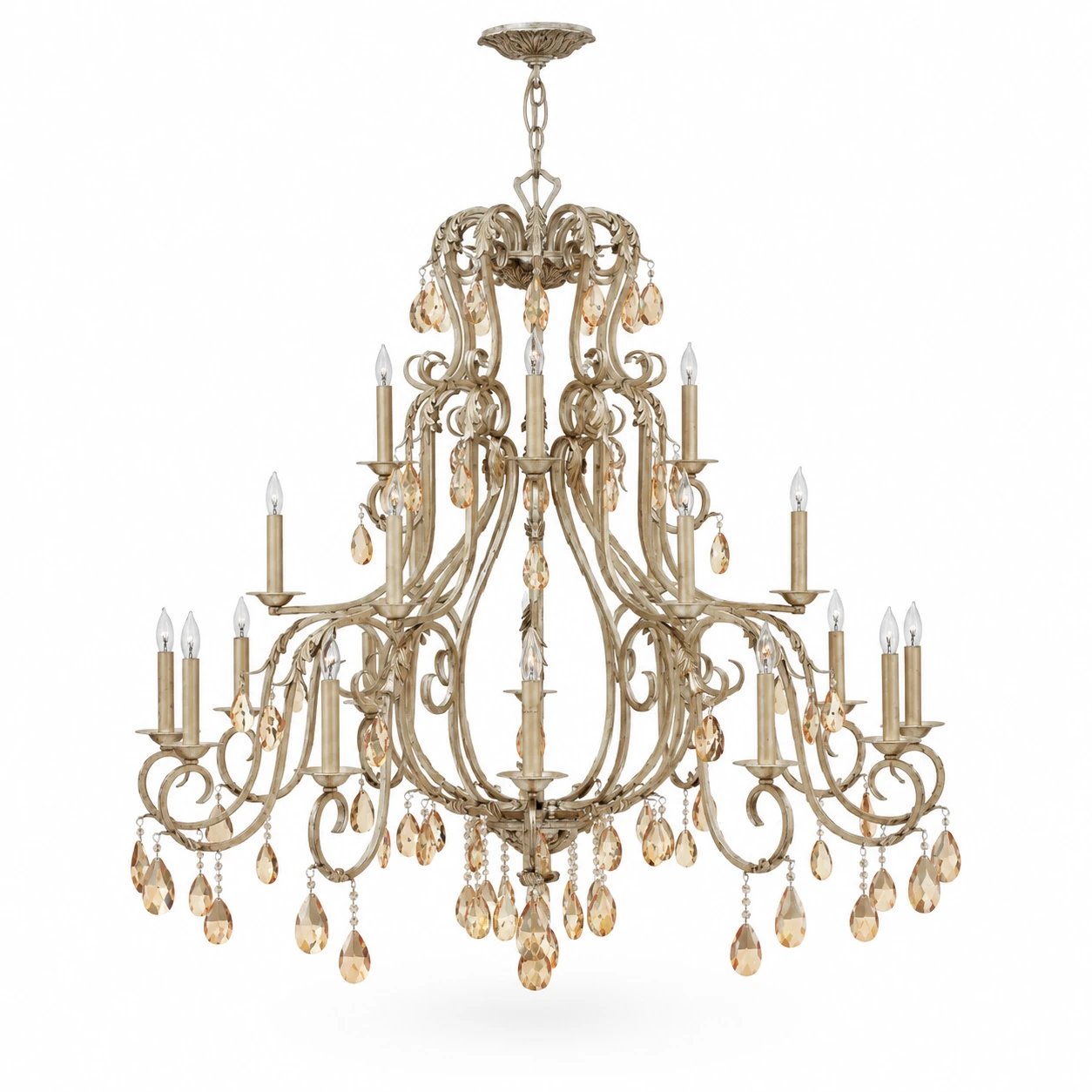Eliza vintage iron and crystal 21-light chandelier on white