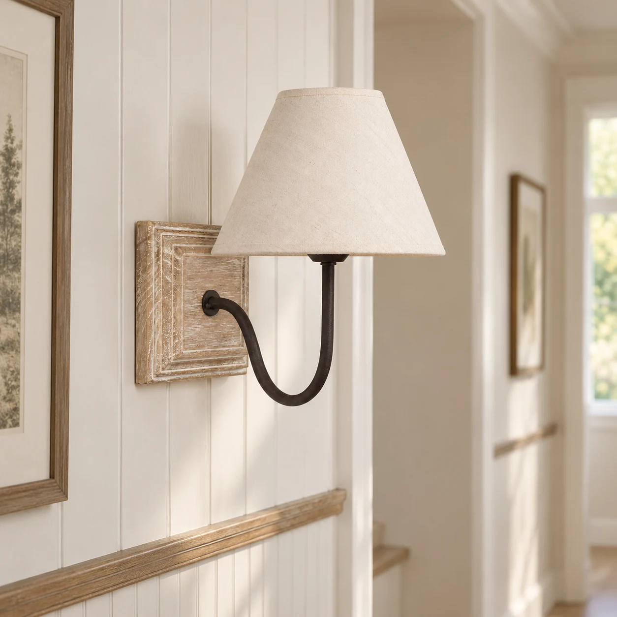 Wood and iron wall sconce installed on a bright hallway wall
