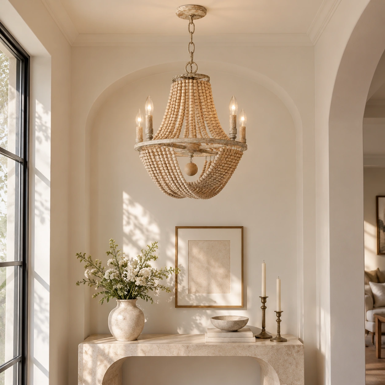 Four-light Elena wood bead chandelier in an entryway
