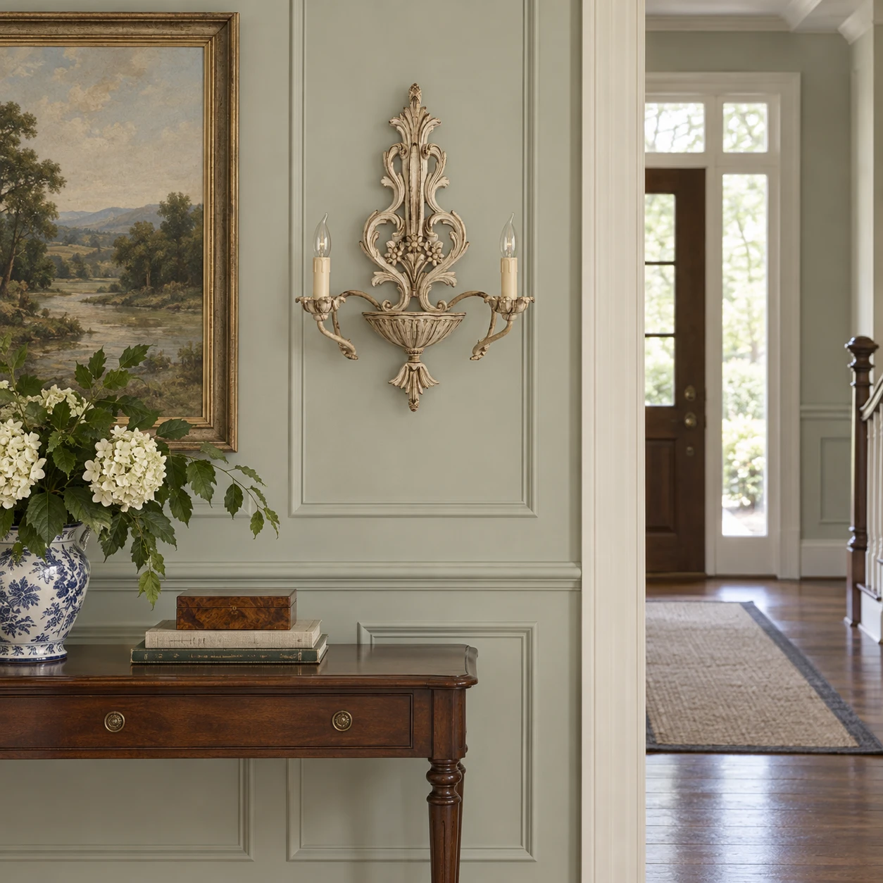 Lucien Vintage Wood wall sconce in a entry setting