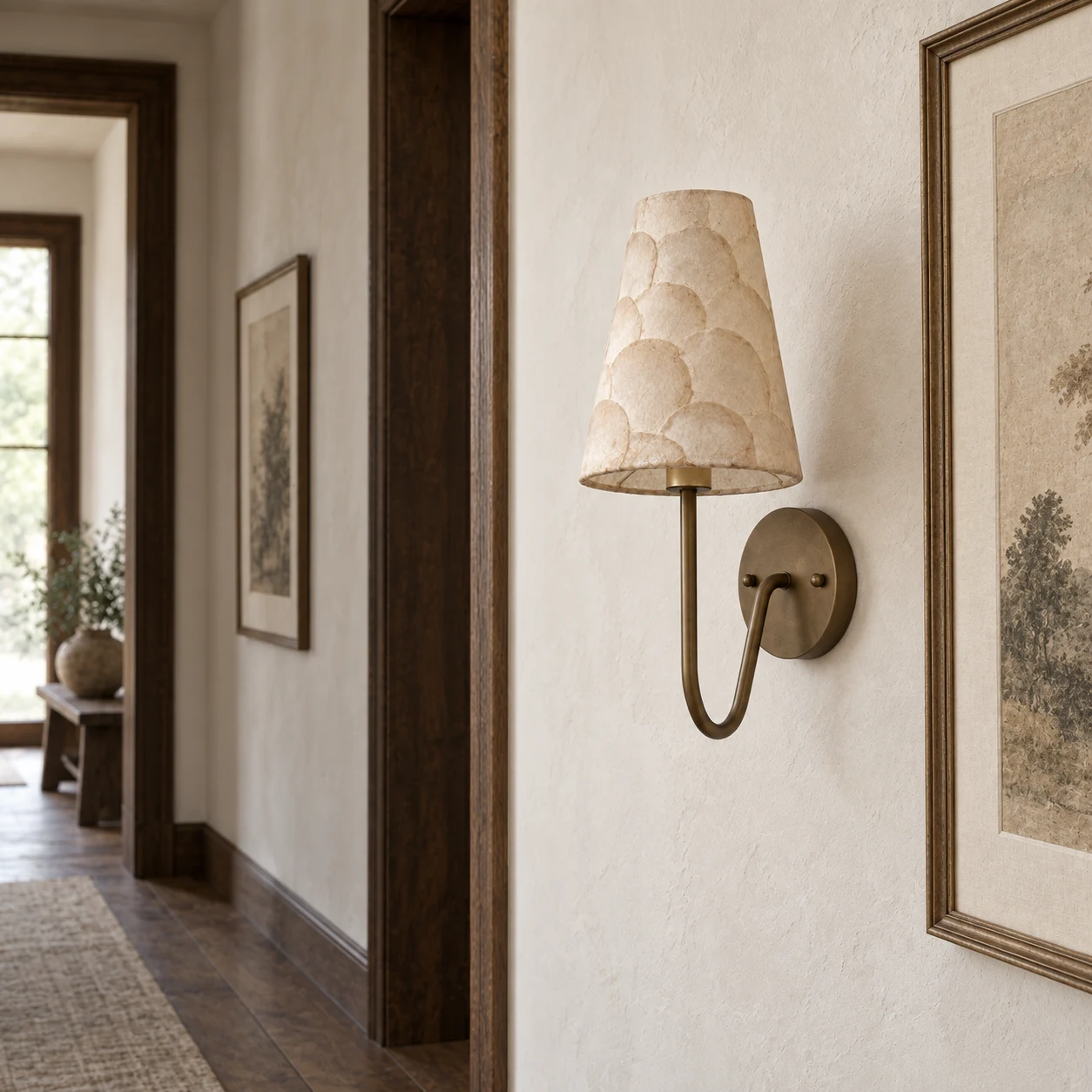 Mabel vintage wall sconce in a gallery corridor