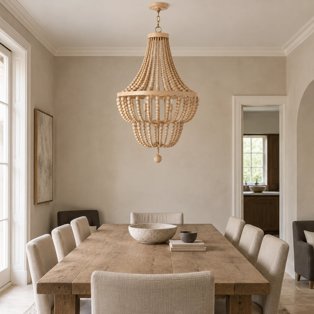 Large wood-bead chandelier over a dining table in daylight