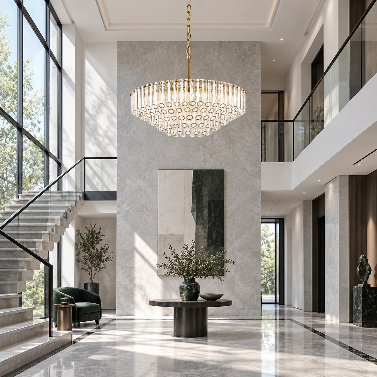 Camille crystal chandelier in a double-height foyer