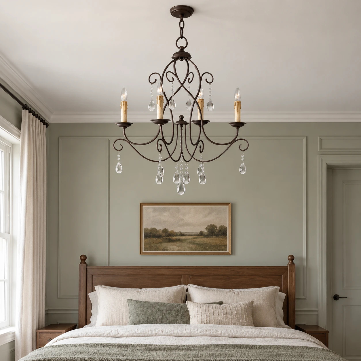 Four-light iron chandelier in a pale sage bedroom