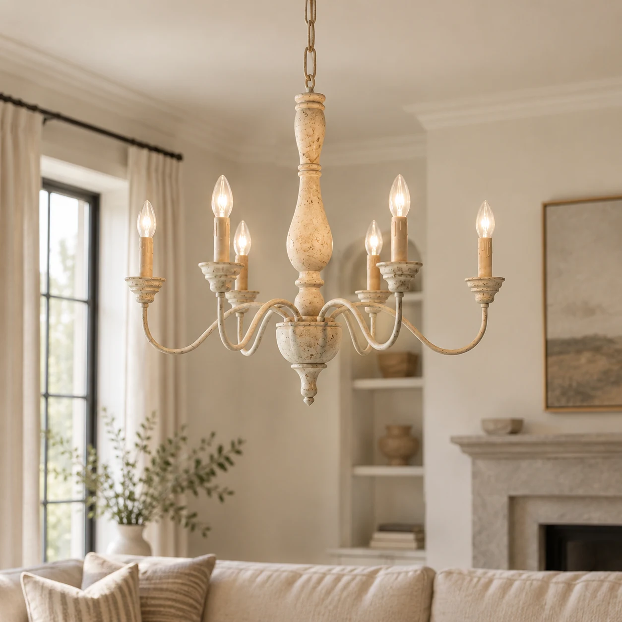 white b6 chandelier installed in an American room