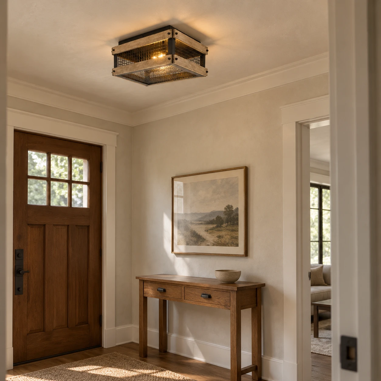 Rustic B caged wood ceiling light in a Craftsman entry