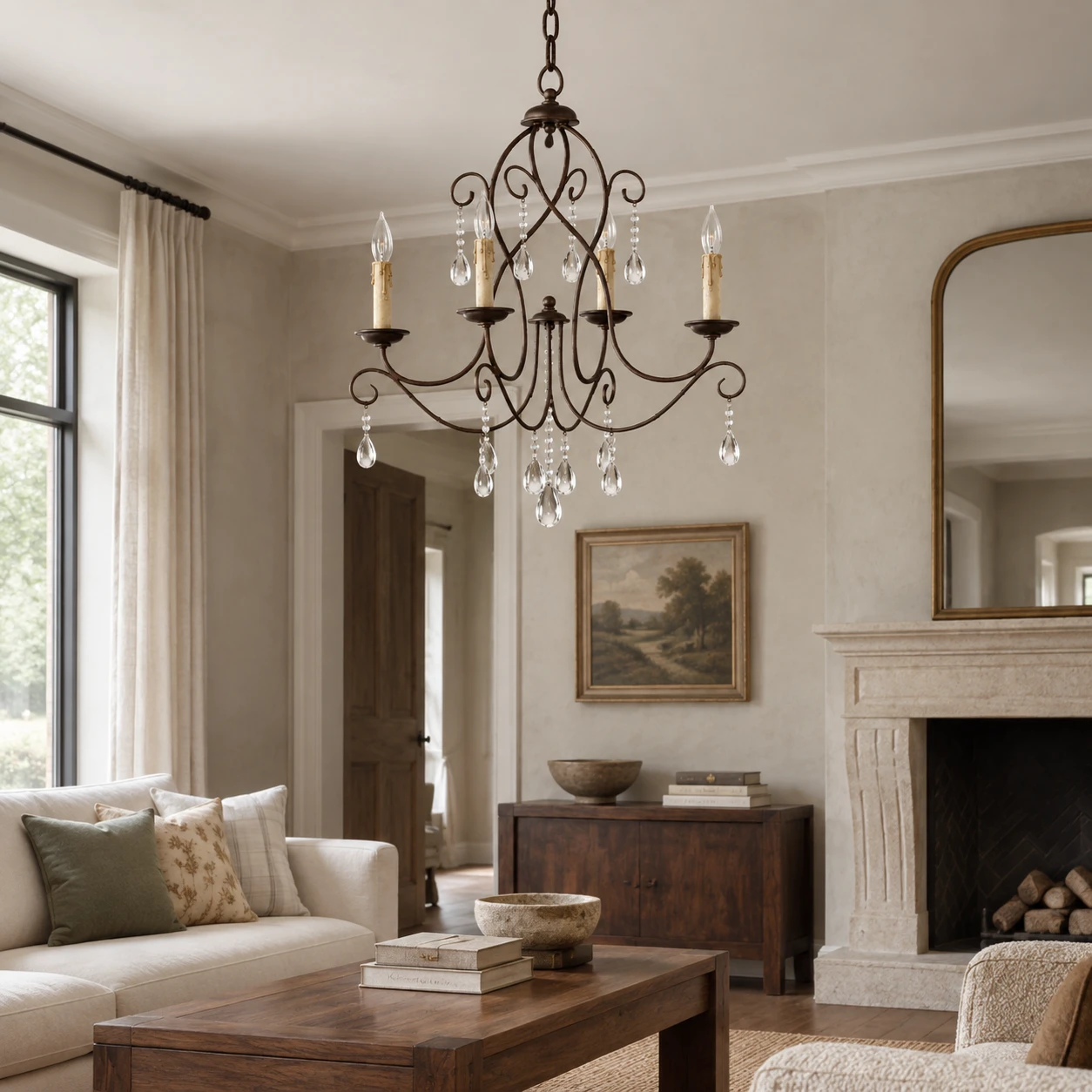 Four-light iron chandelier in a traditional living room