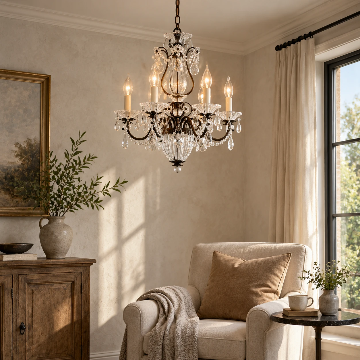 American Rustic Crystal Chandelier in a reading corner with a textured wall and quiet natural daylight