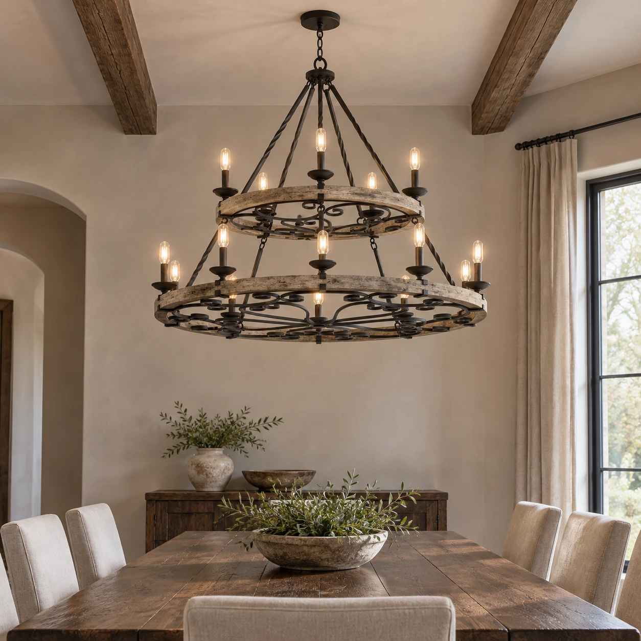Clara Rustic Wagon-Wheel Wood and Iron Chandelier, scene 15 dining high
