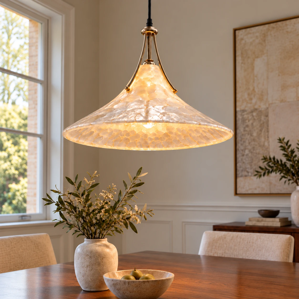 Maeve shell pendant in a dining room close view