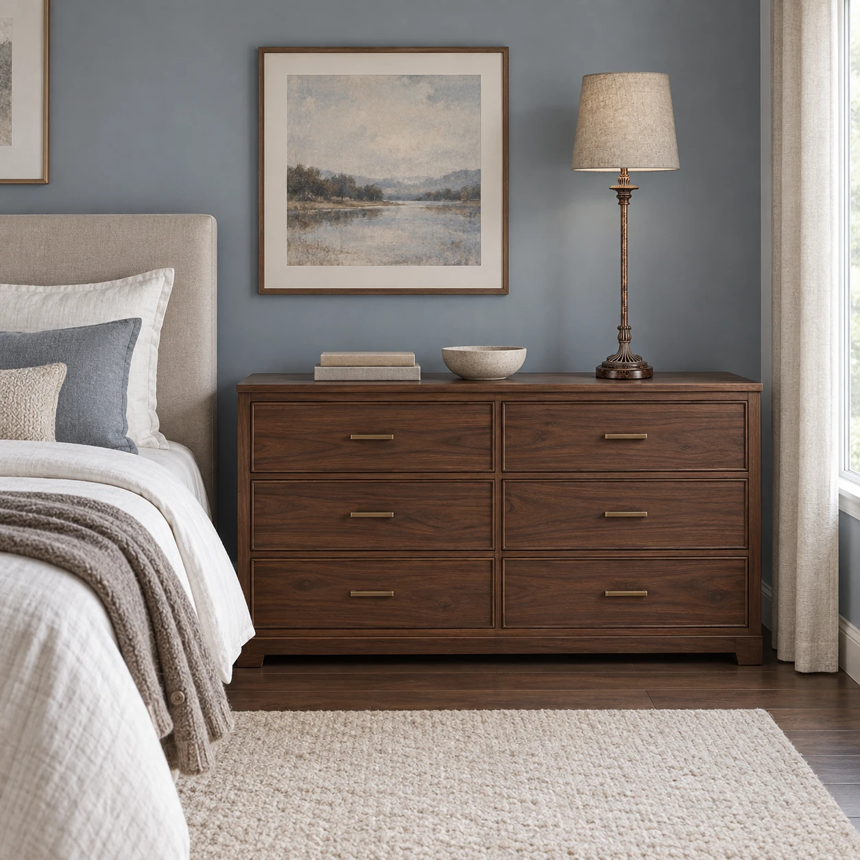 Tall carved wood table lamp on a bedroom dresser
