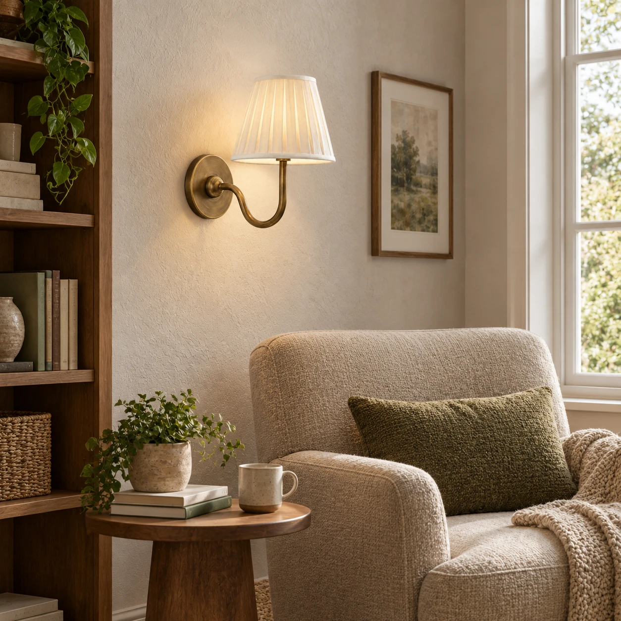 American Rustic Fabric Light in a reading corner with a textured wall and quiet natural daylight