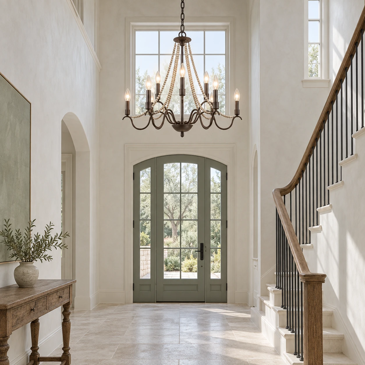 Wood bead chandelier in a bright stair foyer