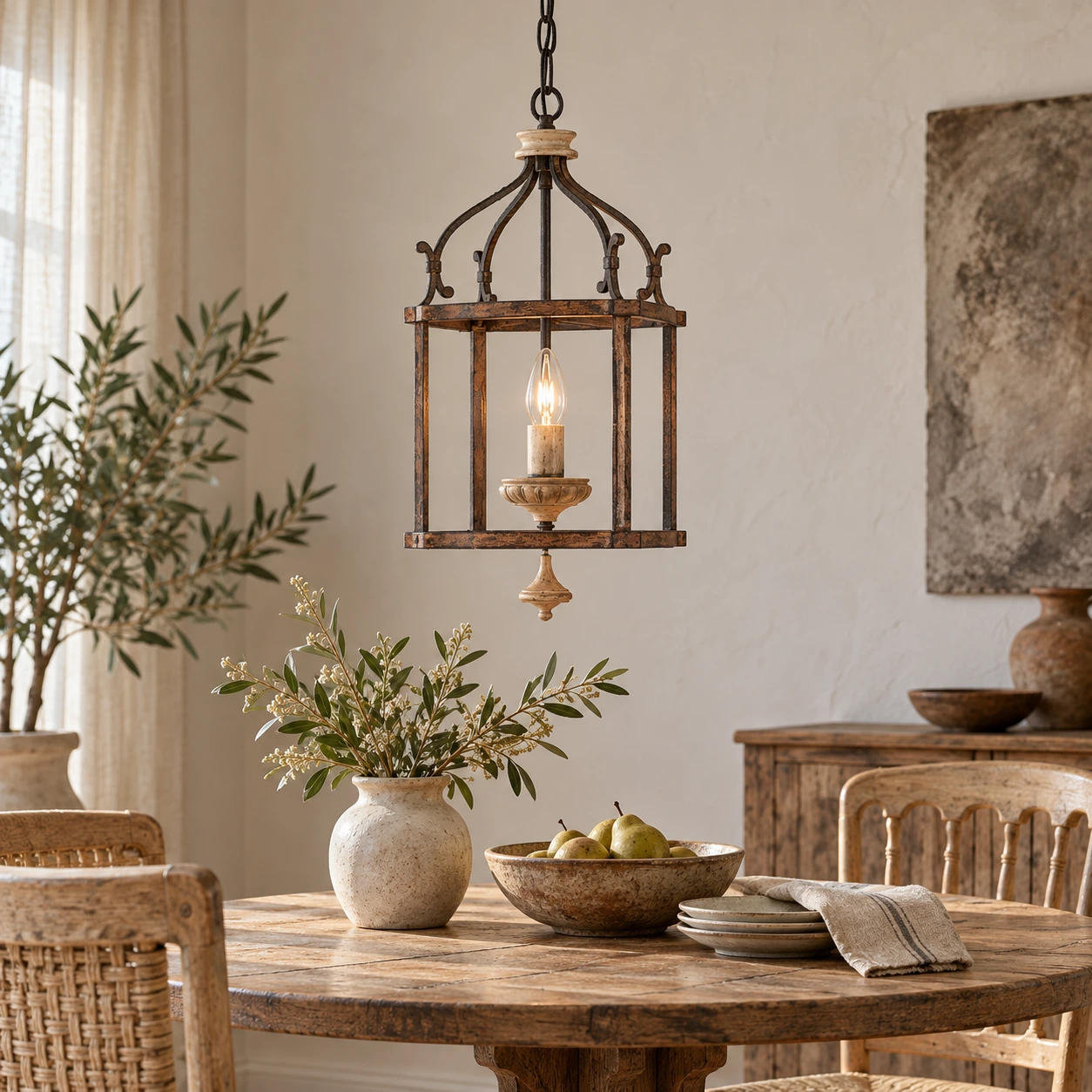 Clara Rustic Vintage Mesh Wood-and-Iron Pendant Light — 01 core scene