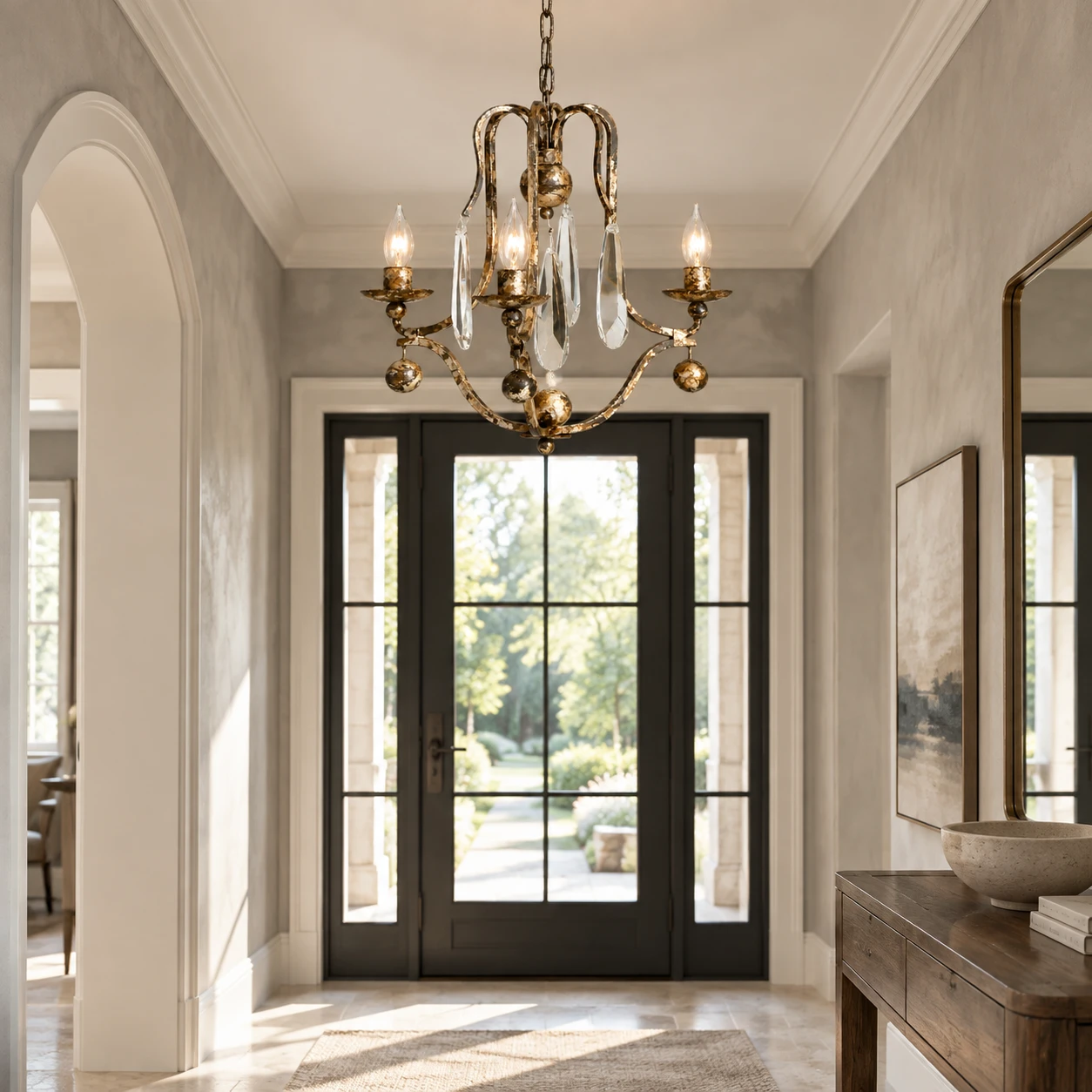 Distressed Iron Chandelier in 3-Light entry · limestone and overcast daylight