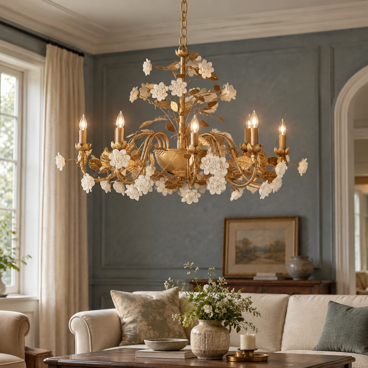Elara floral ceramic chandelier in a collected conversation room