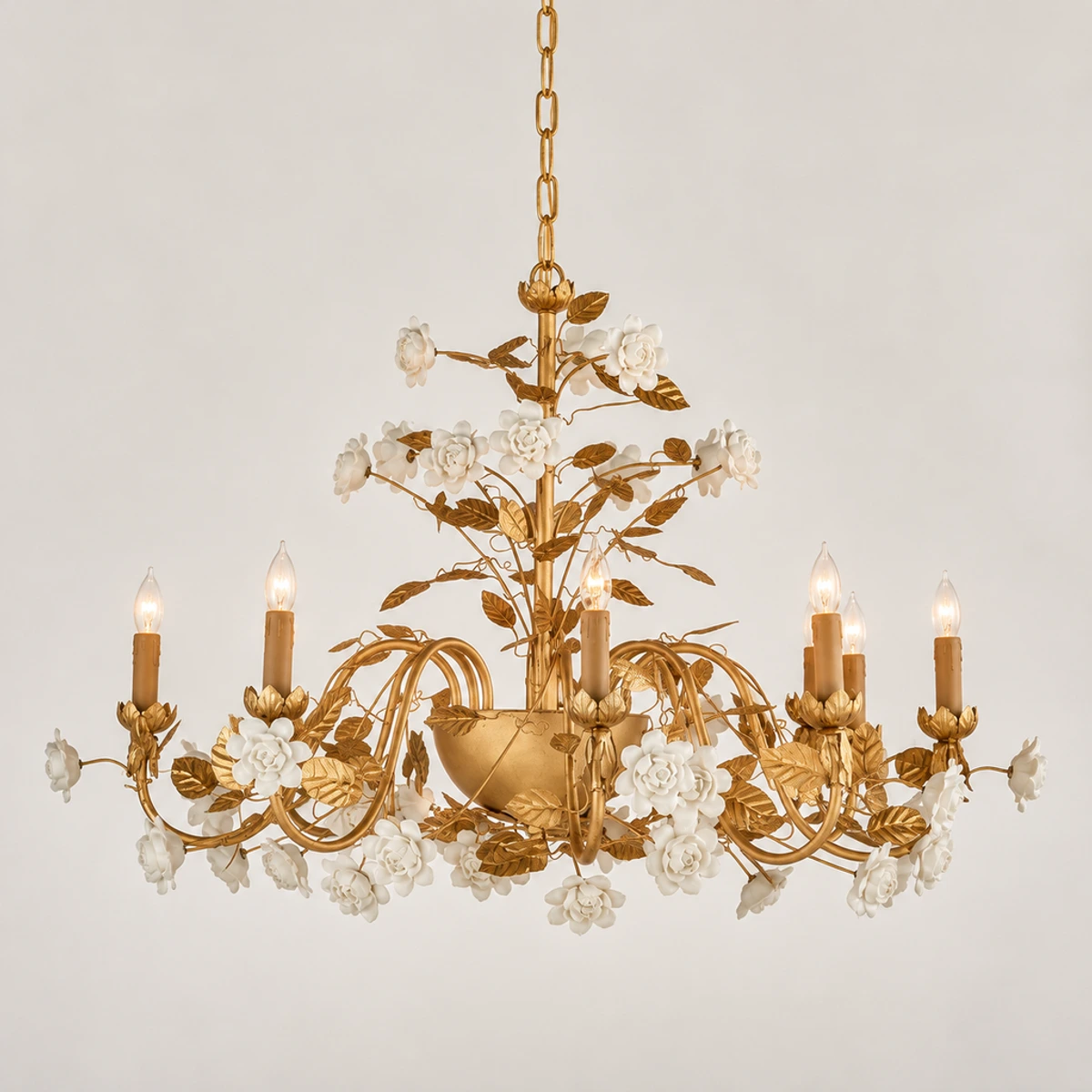 Elara floral ceramic chandelier switched off in a neutral studio