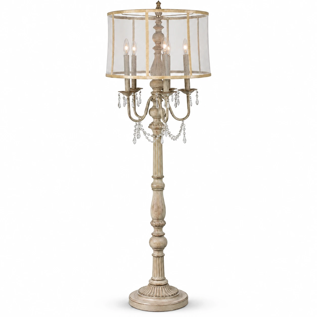 Evelyn vintage five-light carved wood floor lamp on a white background