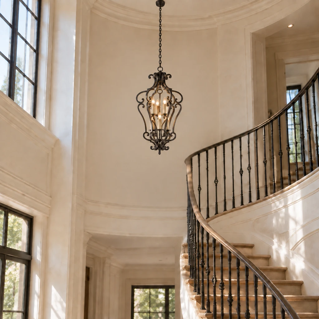 Harrow chandelier with ceiling canopy flush mounted in a curved staircase atrium