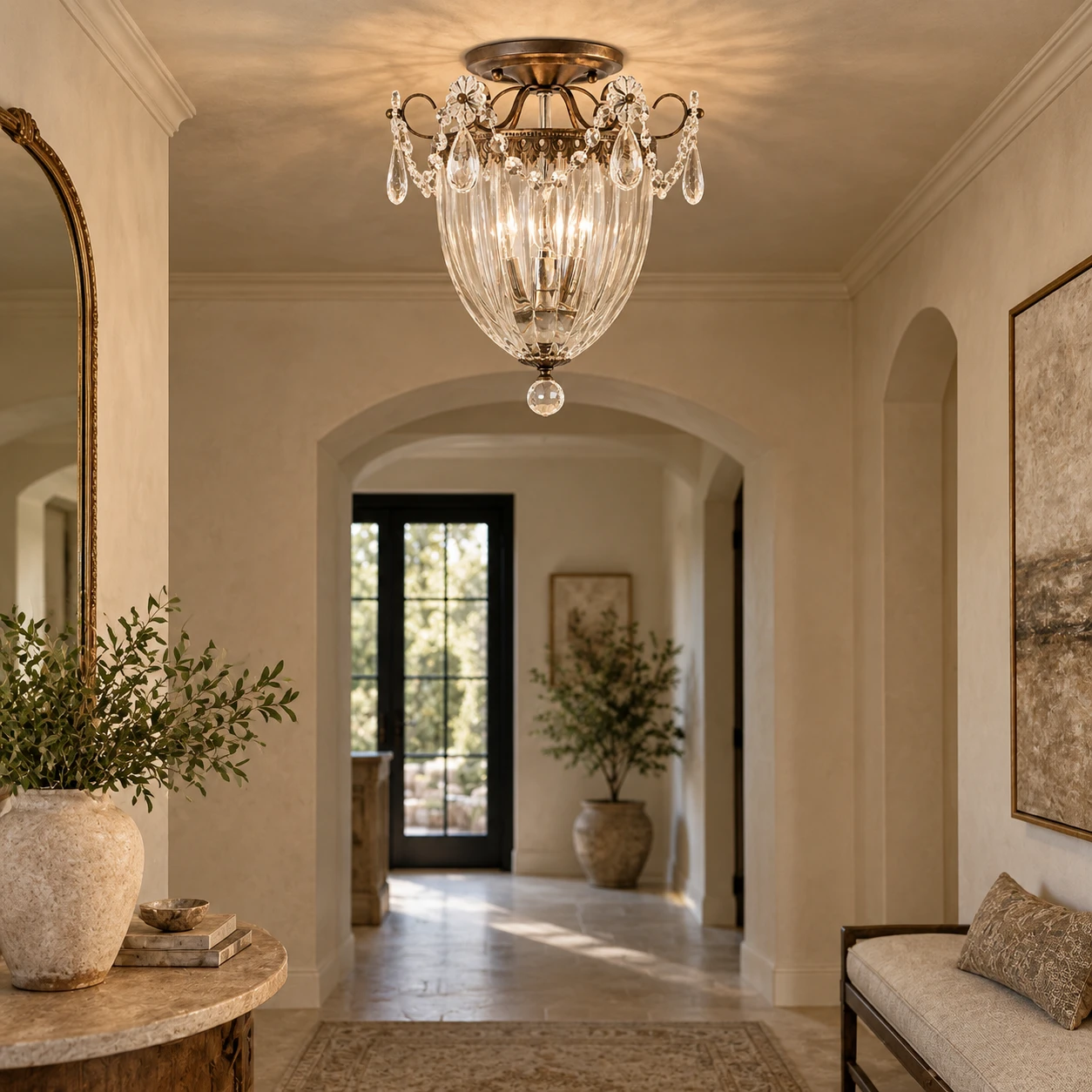 American Rustic Crystal Chandelier in a boutique hospitality lounge with stone, linen and restrained lighting