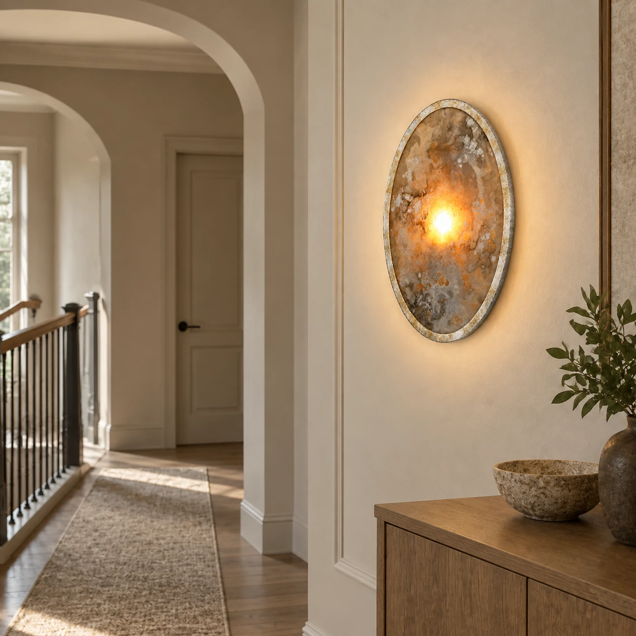 Clara French Vintage Antiqued Glass Iron Wall Sconce in a small hotel corridor or landing with credible ceiling height