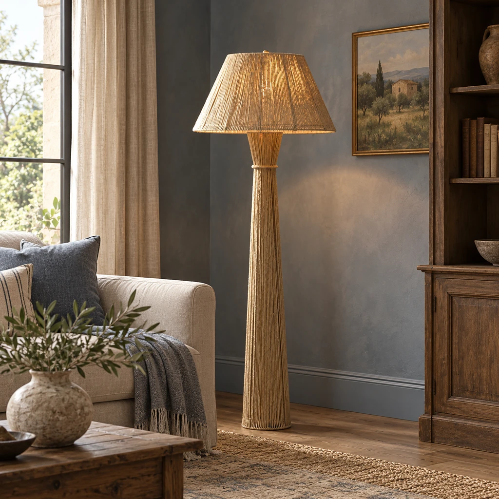 Dahlia woven floor lamp in a quiet living corner