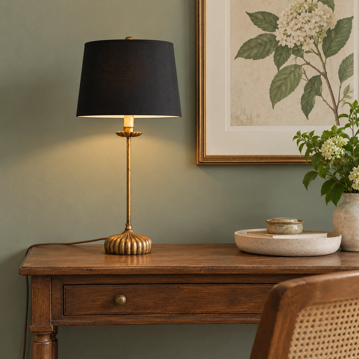 Distressed iron table lamp in a calm study