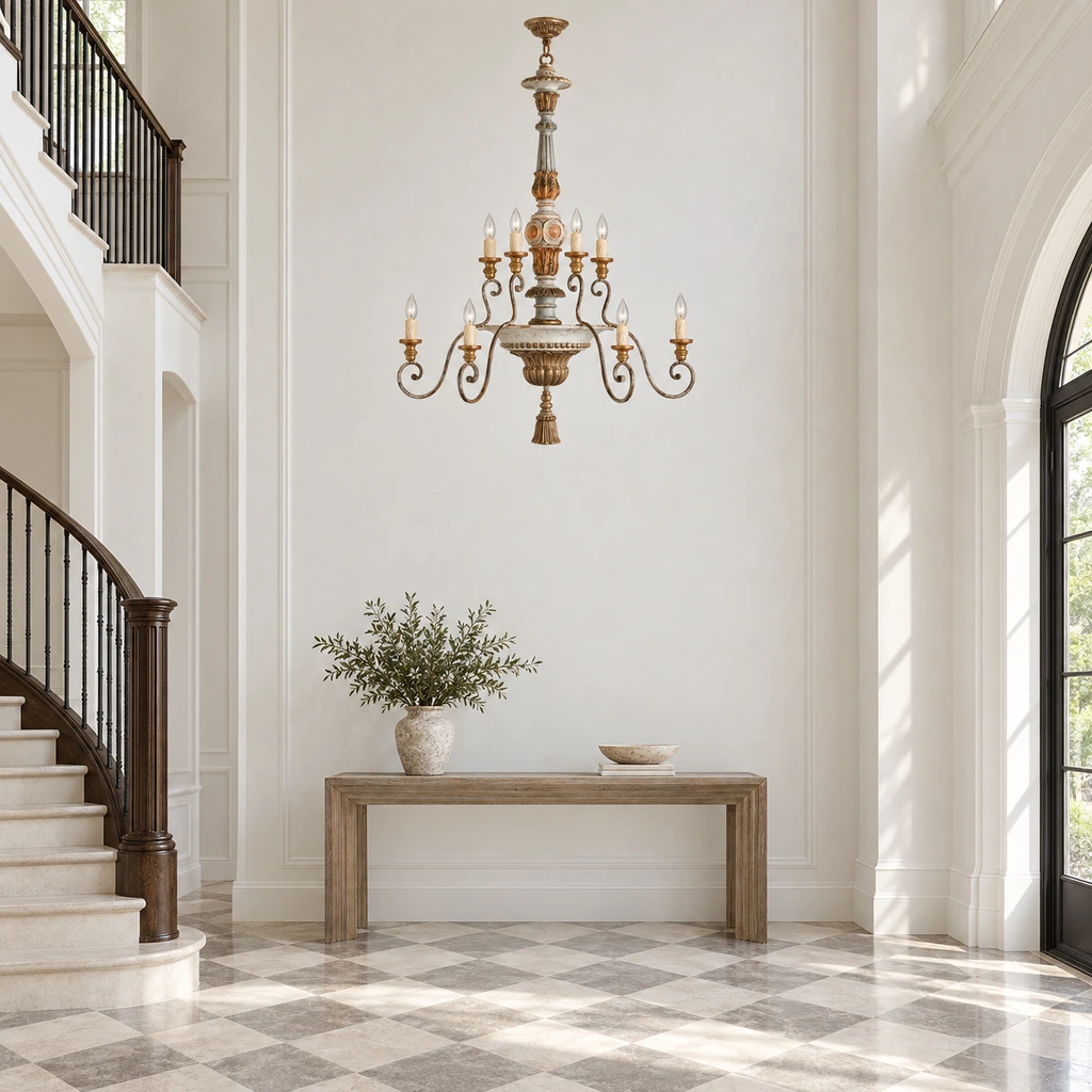 Aveline chandelier suspended in a double-height foyer
