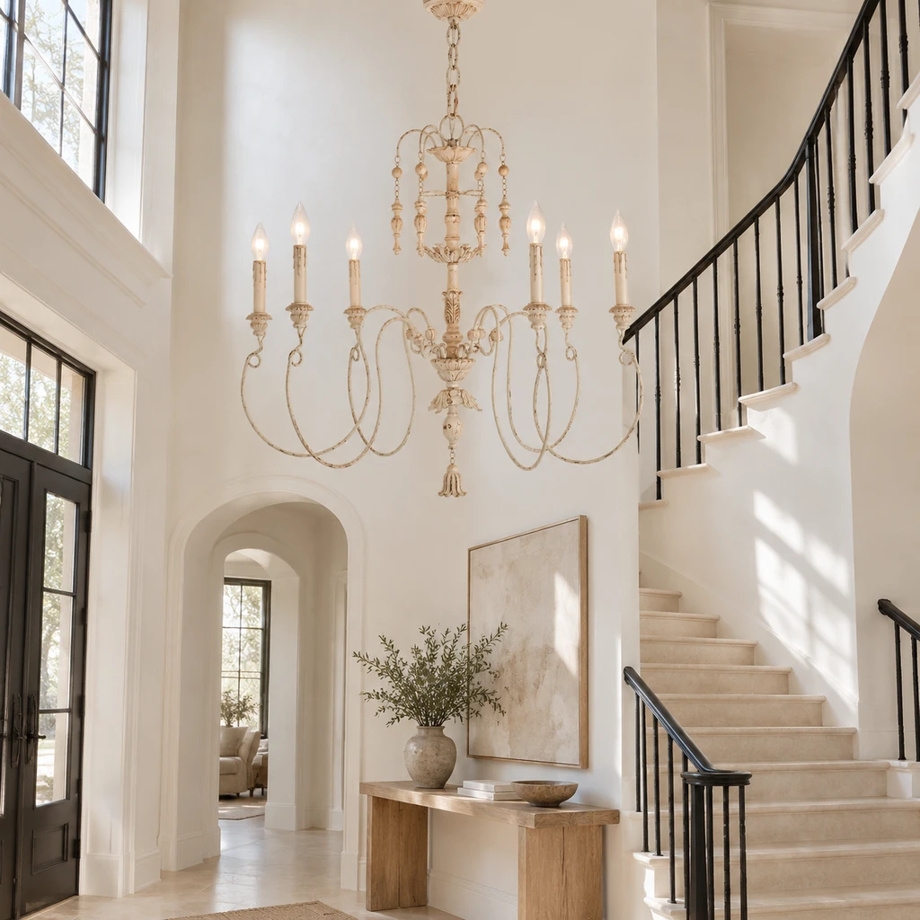 Carved wood chandelier in a bright limestone foyer