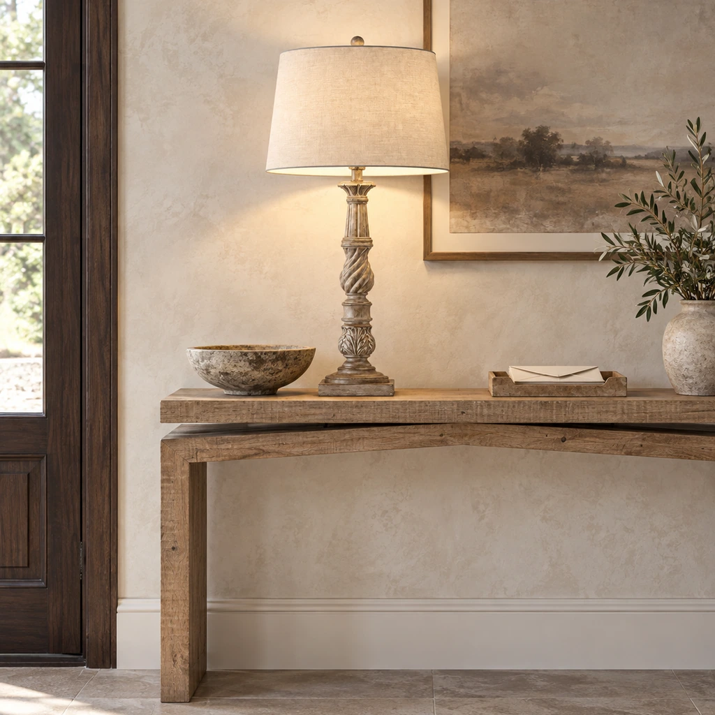 Elowen carved wood table lamp illuminated on an entry console
