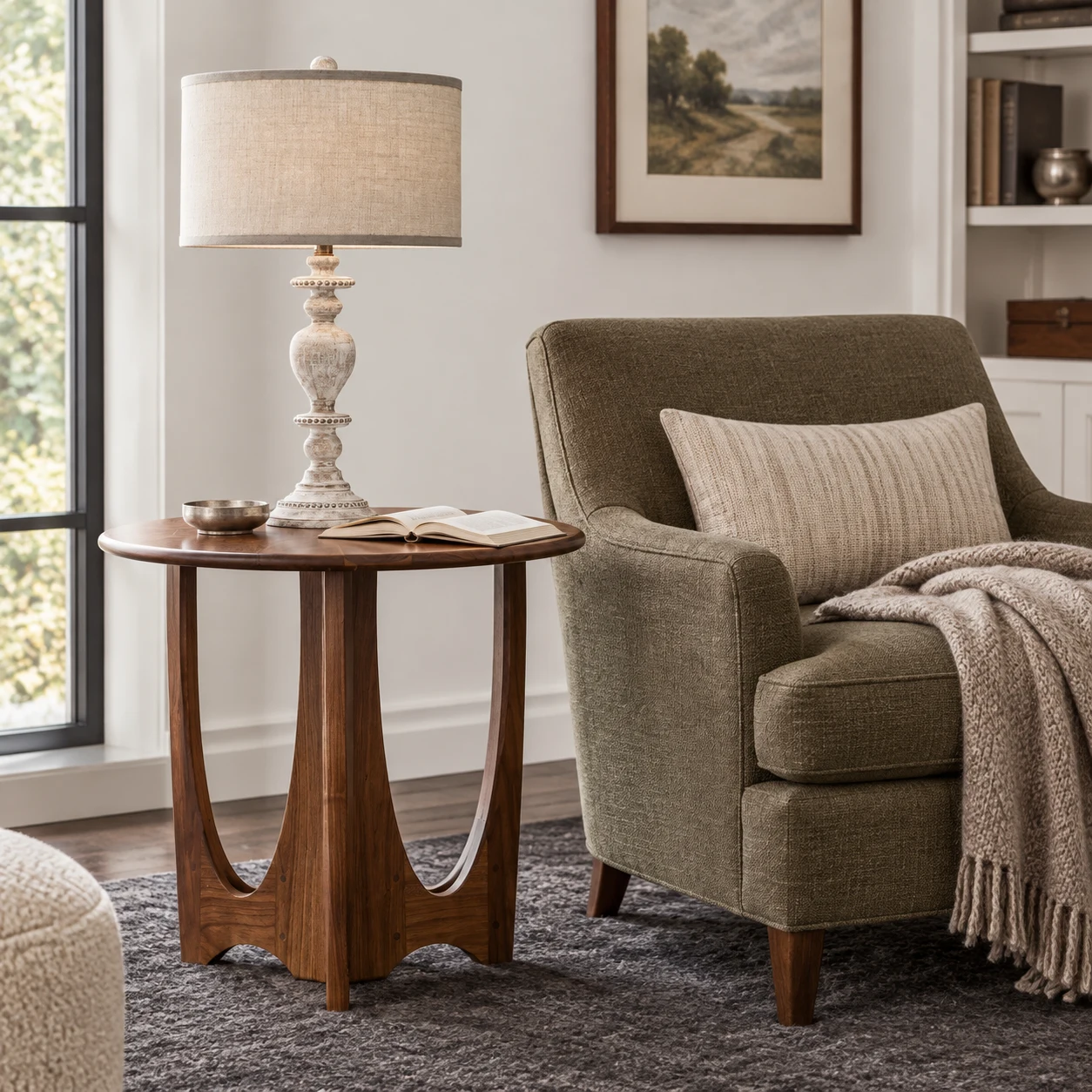 Distressed carved wood table lamp in Living Room Reading Corner