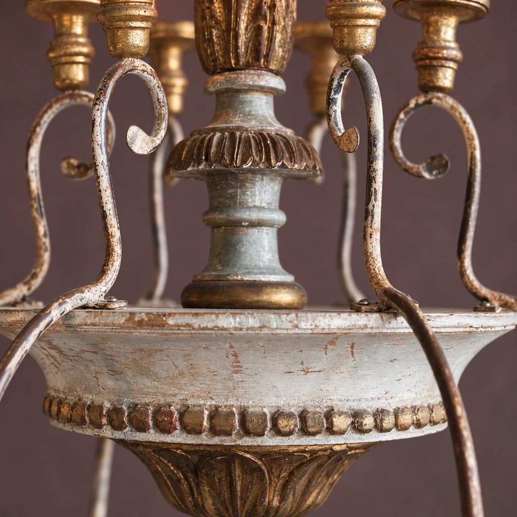 Close detail of the carved central bowl and distressed wood finish