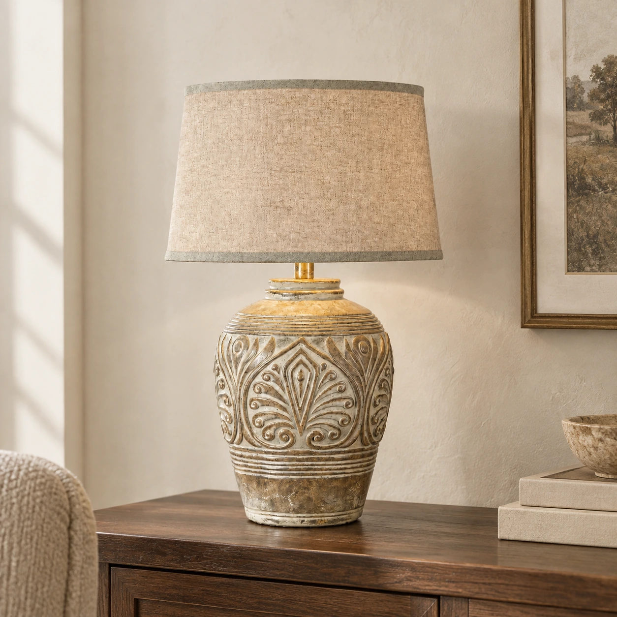 Elena Vintage Carved Wood Table Lamp core hero view on a dark aged-walnut console