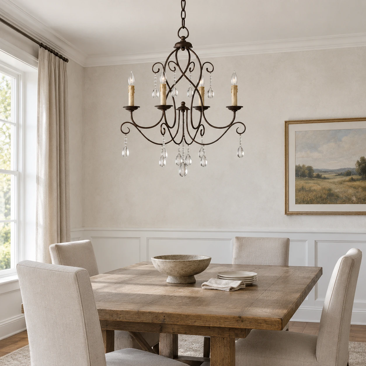 Four-light iron chandelier over a dining table in neutral daylight