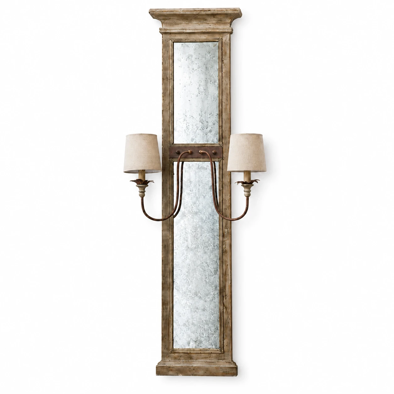 Marlow wood backplate wall sconce with two fabric shades on a white background