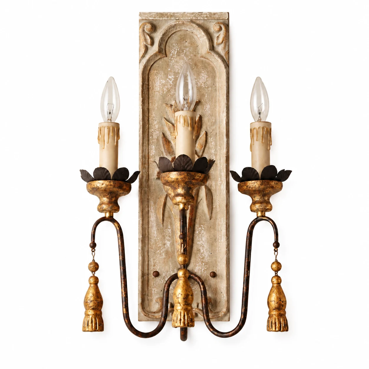 Camille triple-head carved-wood wall sconce on a white background