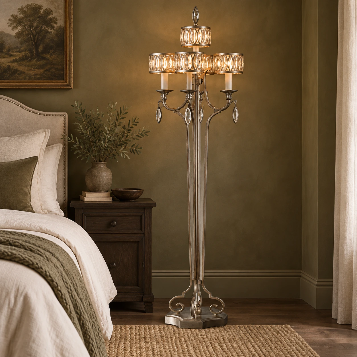 Lámpara de pie de cristal junto a la zona de estar del dormitorio.