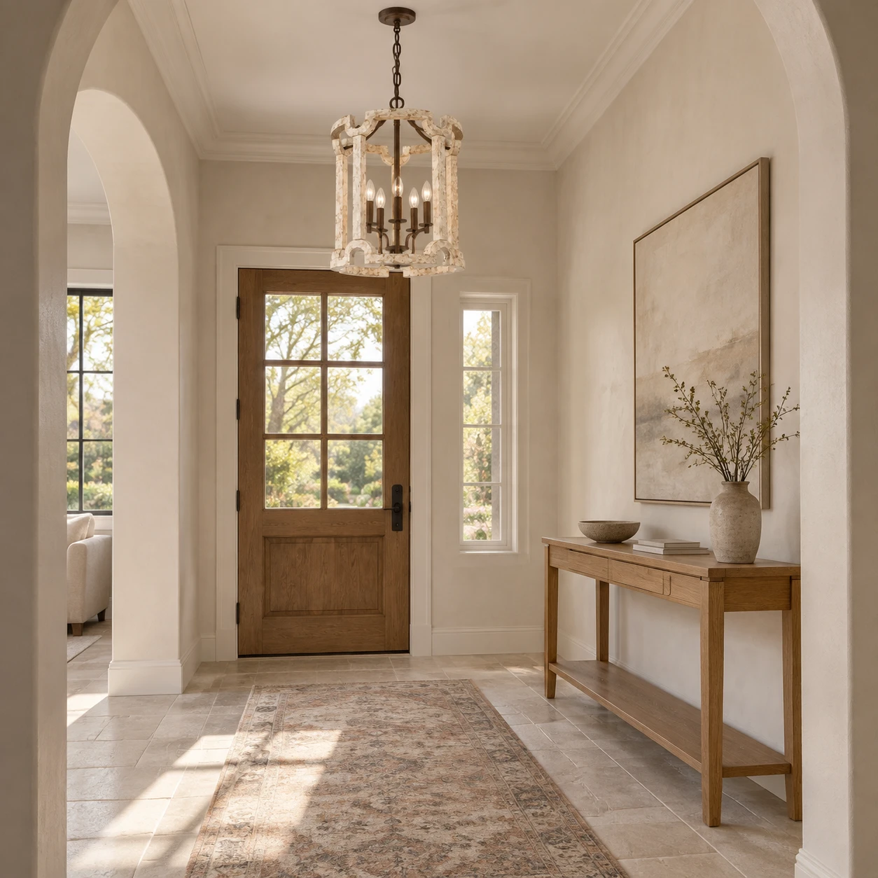 Carved wood birdcage chandelier in a bright residential foyer