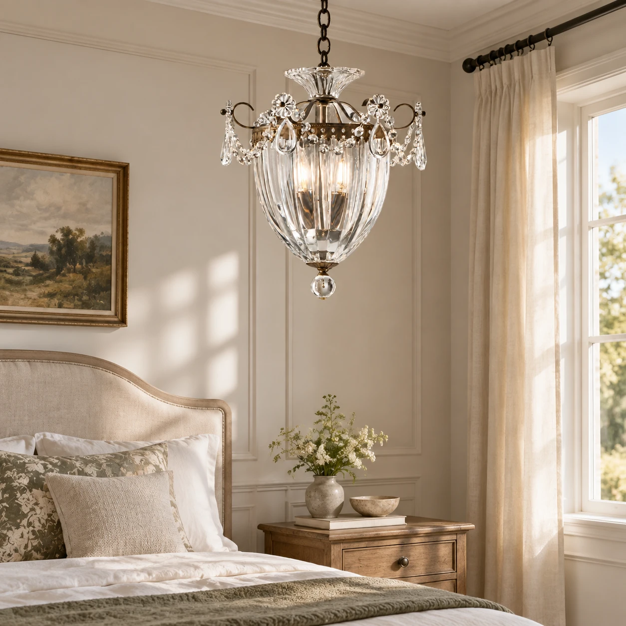 American Rustic Crystal Chandelier in a calm bedroom with an aged-oak nightstand and soft morning daylight