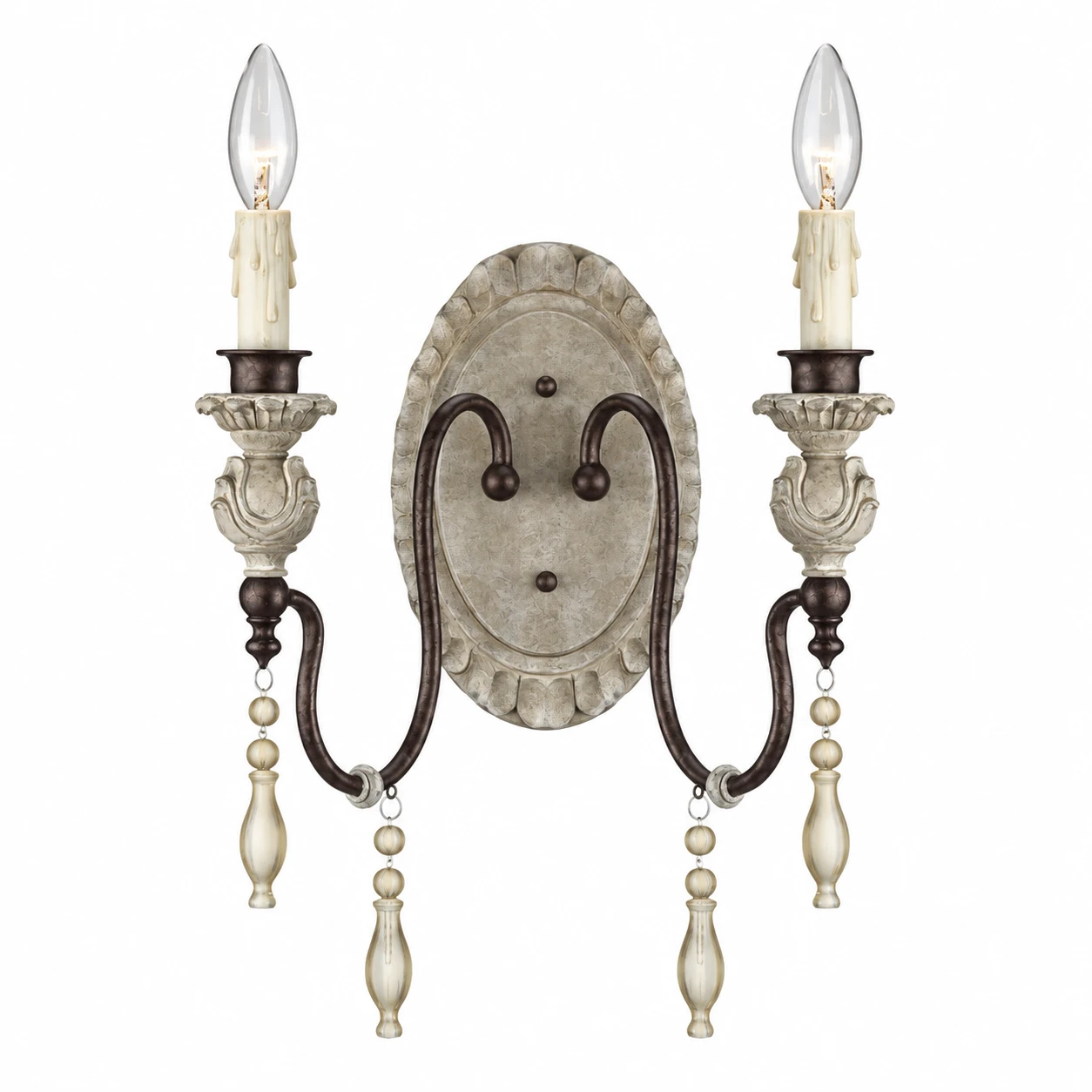 Two-light French country carved wood wall sconce on white