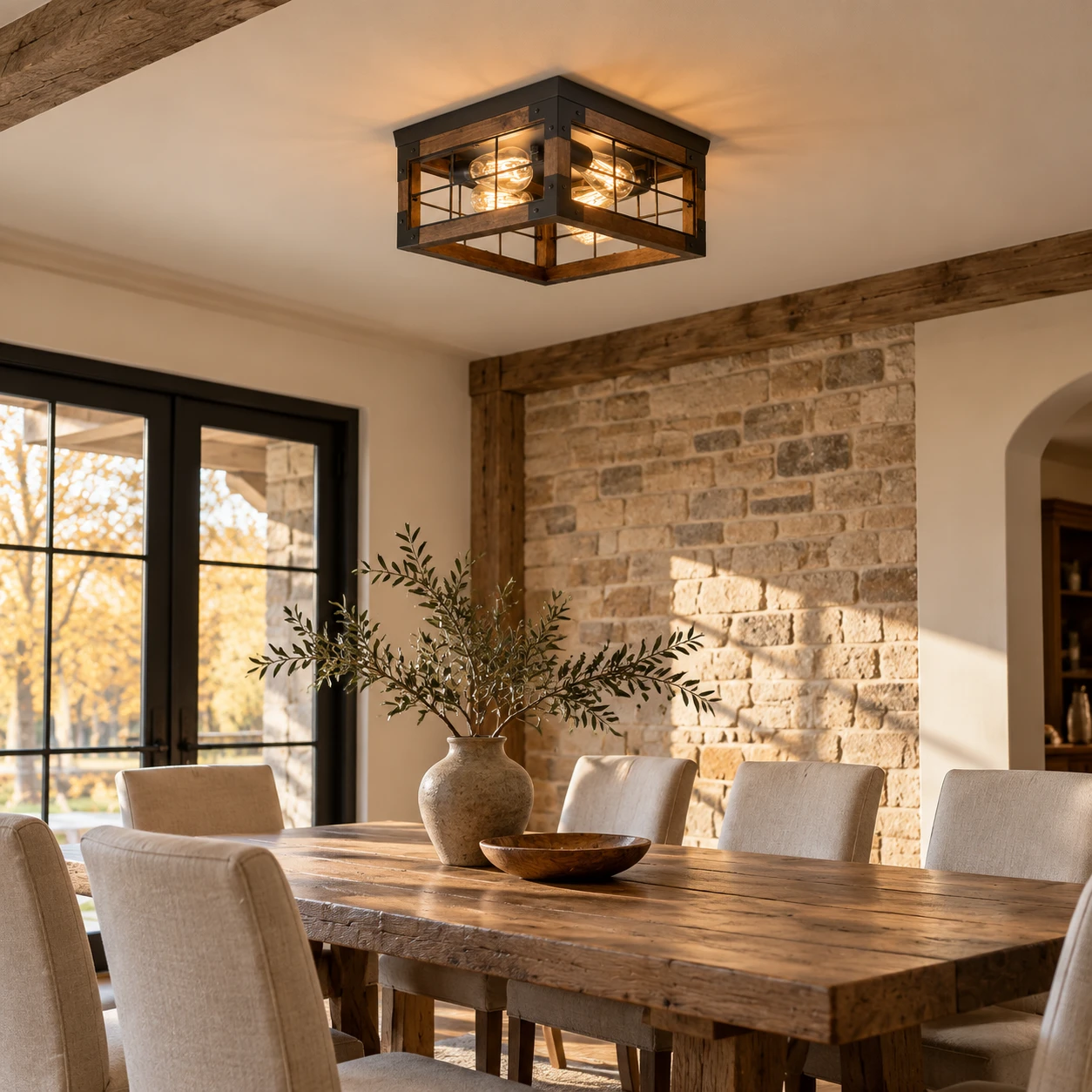 Rustic C caged wood ceiling light in a rustic dining room