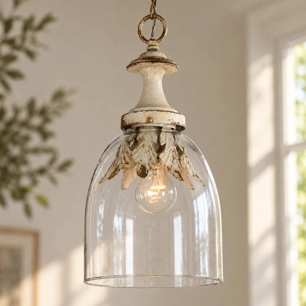 Avery Rustic Bell-Shade Iron Pendant Light — Clear bell-shaped glass shade detail