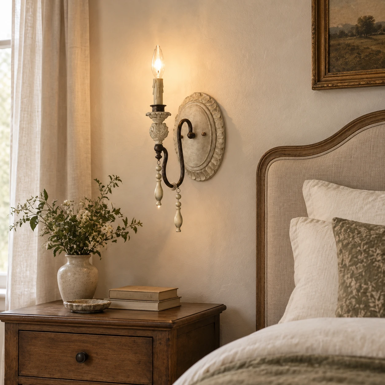 One-light vintage wall sconce beside a bedroom nightstand
