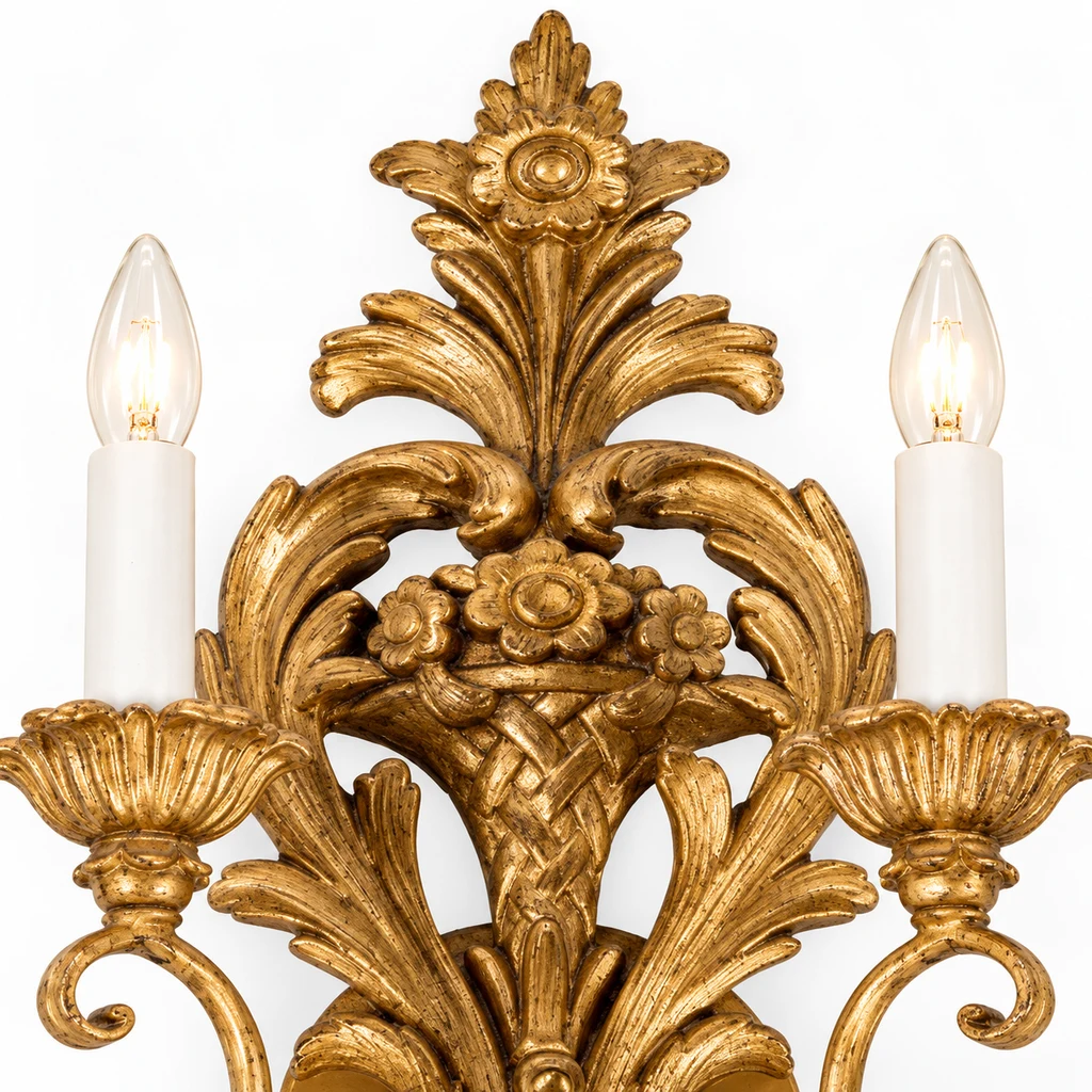 Close detail of the carved botanical crest and floral relief