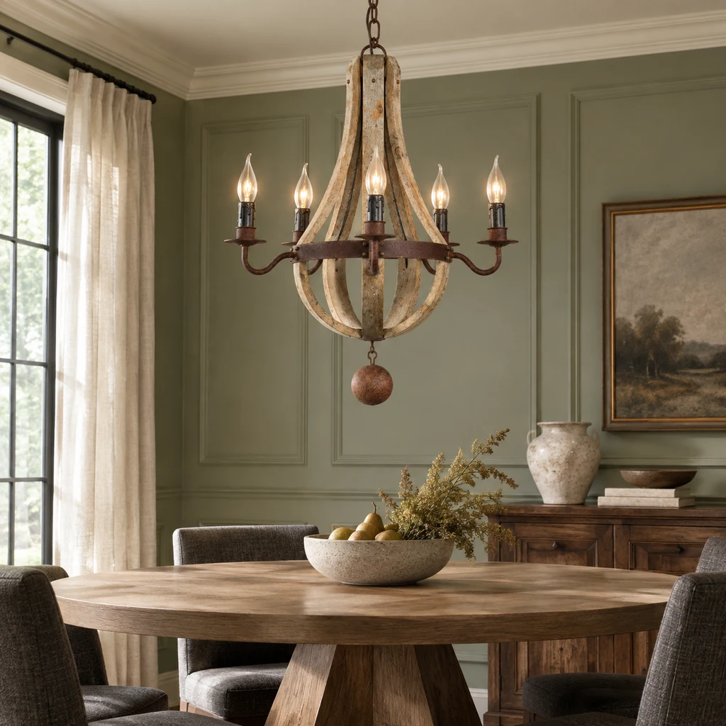 Elowen five-light wood chandelier above a round oak table in a muted sage dining room