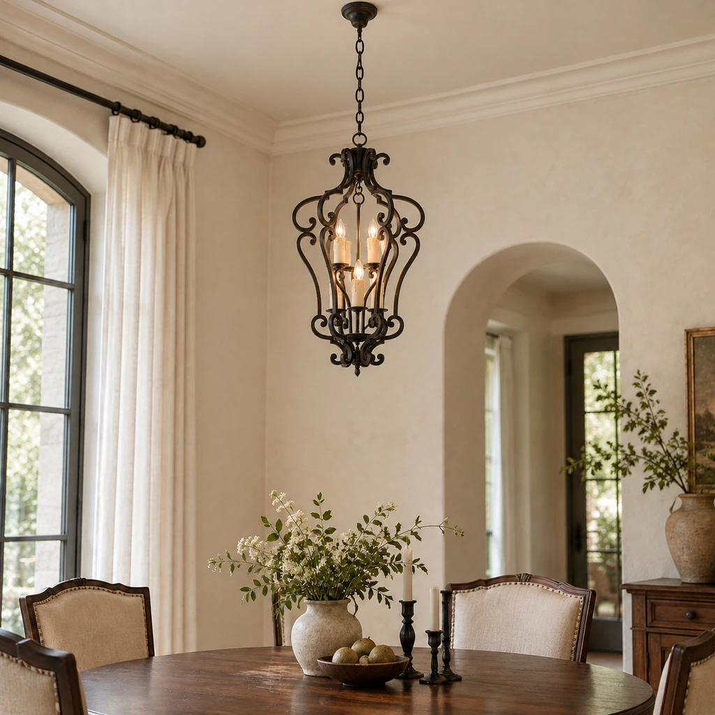 Harrow chandelier at a natural scale above a dining table